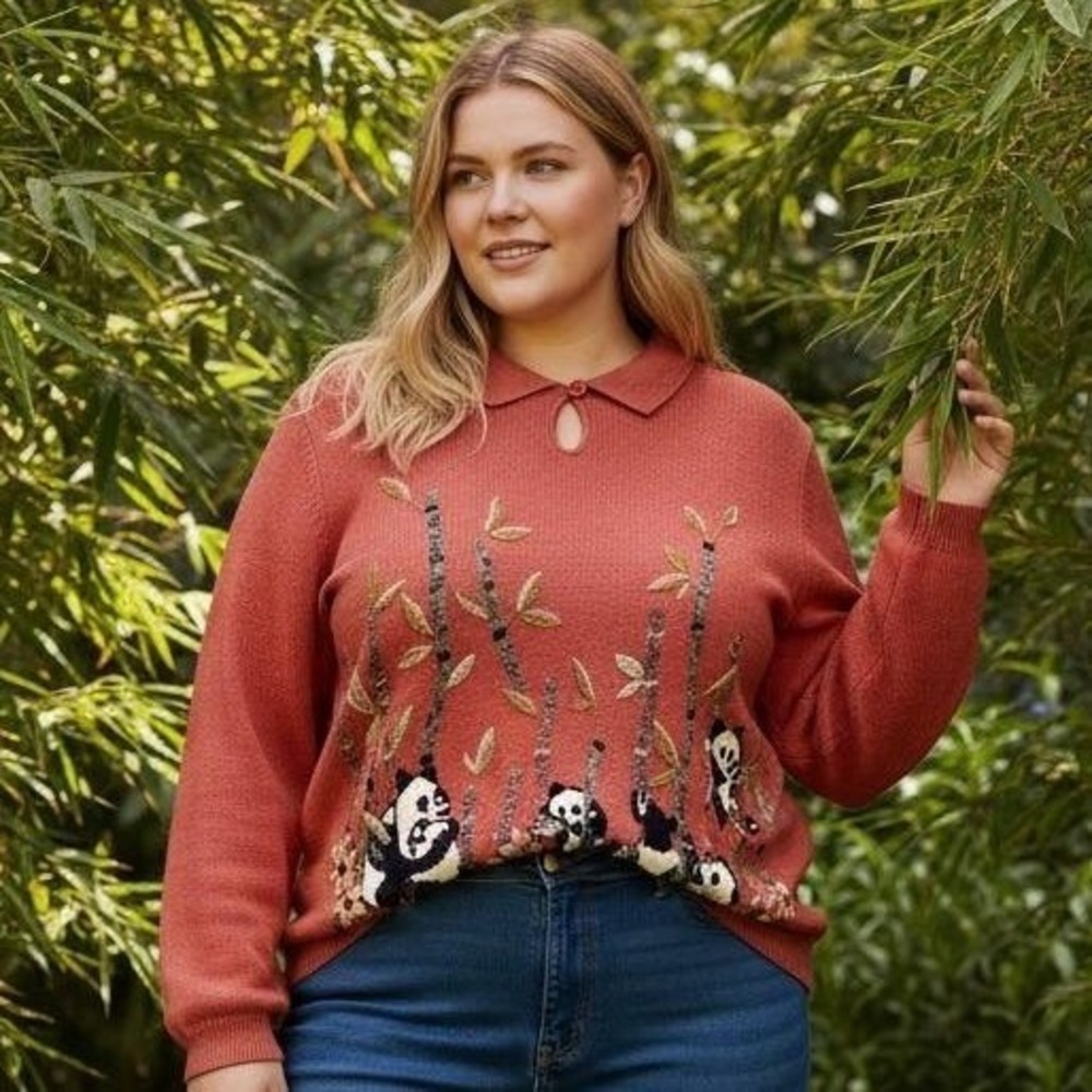 Alfred Dunner Panda Bamboo Embroidered Sweater Coral Ramie Cotton XL 6349